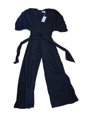 Classic V Neck Black Button Up Wide-Leg Jumpsuit with Waist Tie